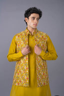 Mustard Silk Kurta Jacket Set with Alighari Bottom