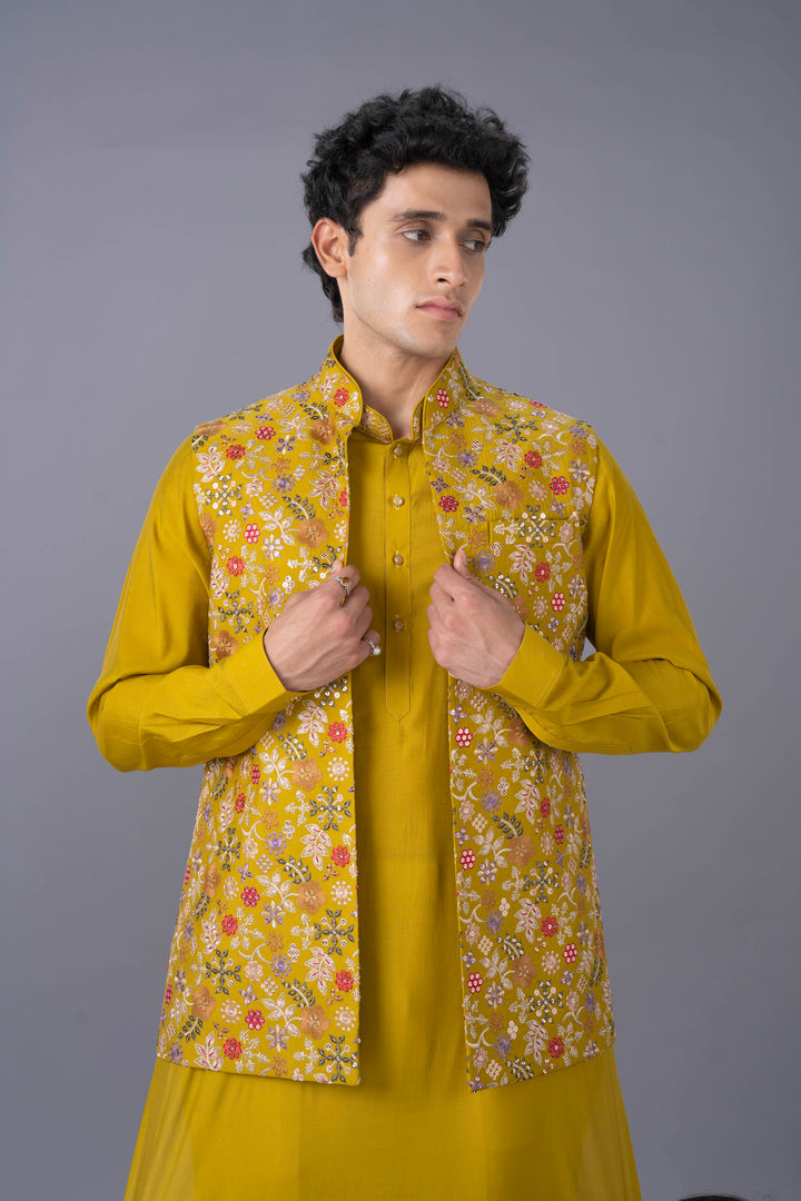 Mustard Silk Kurta Jacket Set with Alighari Bottom