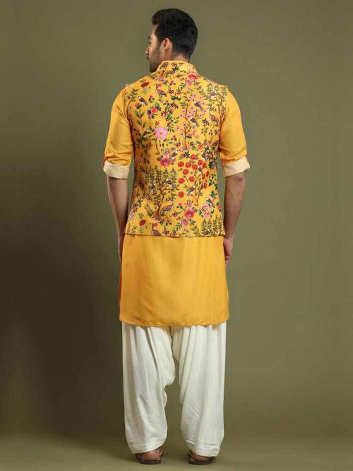 Marigold Yellow Salwar Set With Printed Bandi Jacket