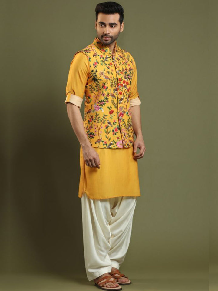 Marigold Yellow Salwar Set With Printed Bandi Jacket