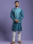 Ocean Blue Blended Silk Kurta Set With Bandhej Printed Jacket