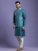 Ocean Blue Blended Silk Kurta Set With Bandhej Printed Jacket - KORANM