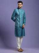 Ocean Blue Blended Silk Kurta Set With Bandhej Printed Jacket - KORANM