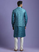 Ocean Blue Blended Silk Kurta Set With Bandhej Printed Jacket - KORANM