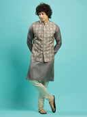 Matte Grey Printed Kurta With Bandi Jacket Set - KORANM