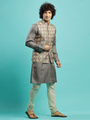 Matte Grey Printed Kurta With Bandi Jacket Set