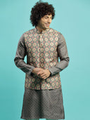 Matte Grey Printed Kurta With Bandi Jacket Set - KORANM