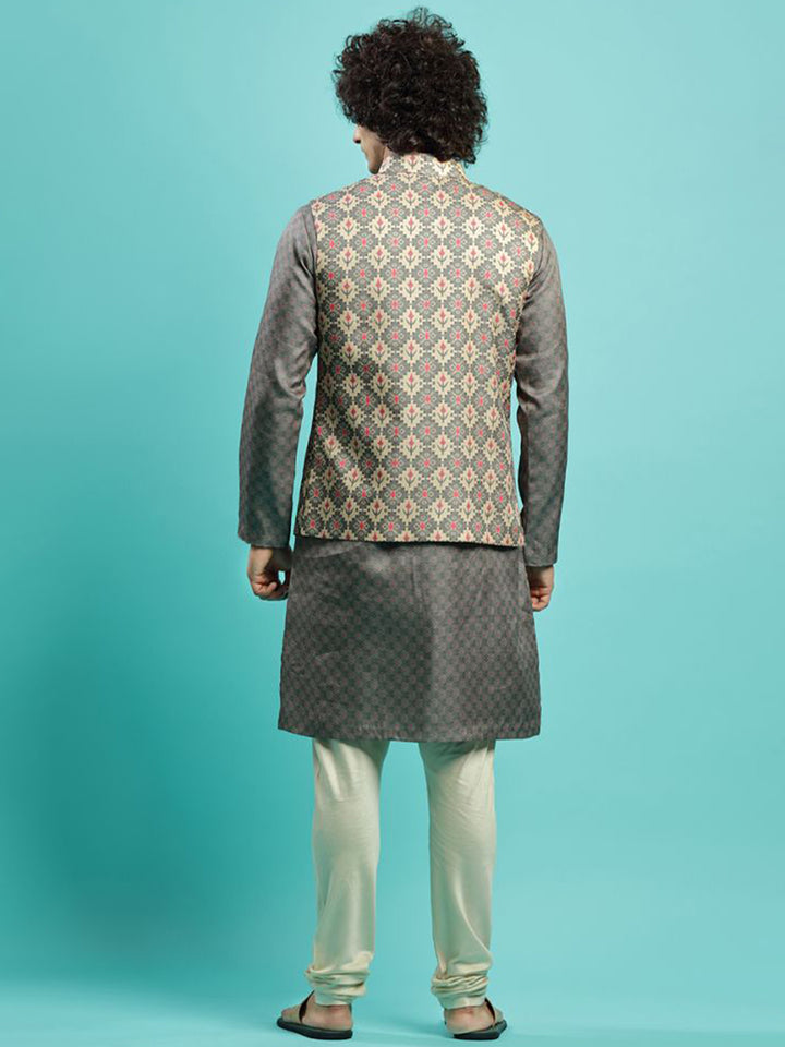 Matte Grey Printed Kurta With Bandi Jacket Set