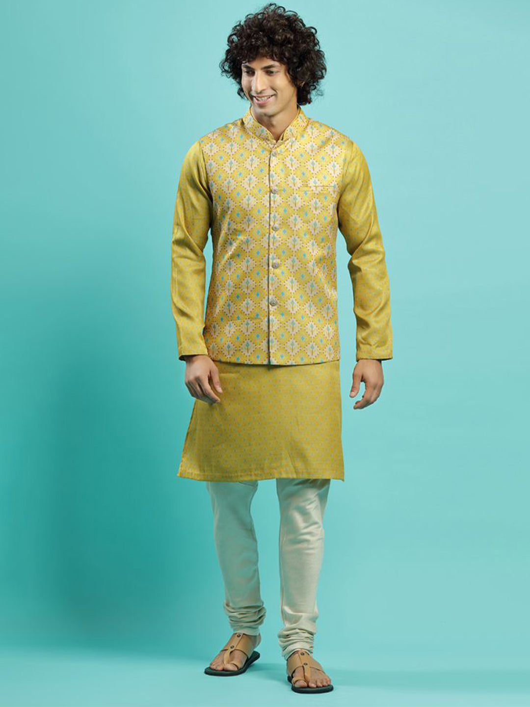 Vibrant Mustard Printed Kurta Bandi Jacket Set