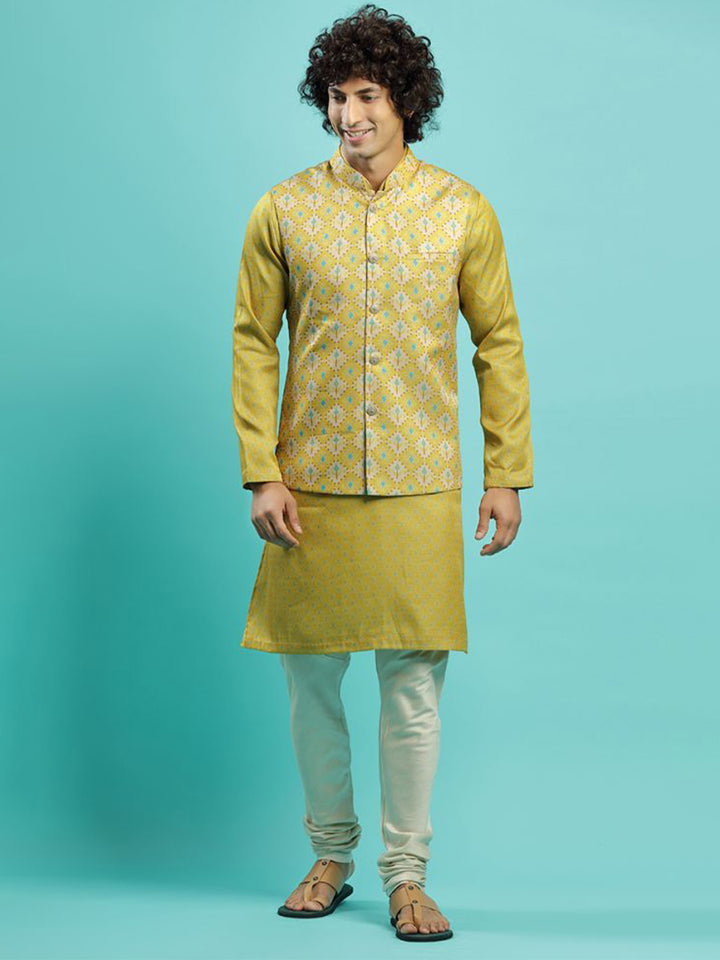 Vibrant Mustard Printed Kurta Bandi Jacket Set