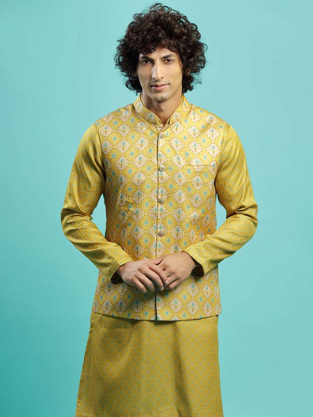 Vibrant Mustard Printed Kurta Bandi Jacket Set - KORANM
