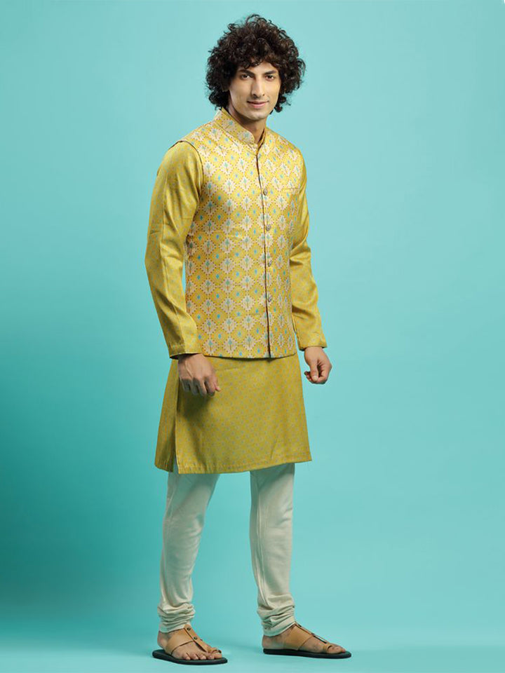 Vibrant Mustard Printed Kurta Bandi Jacket Set - KORANM