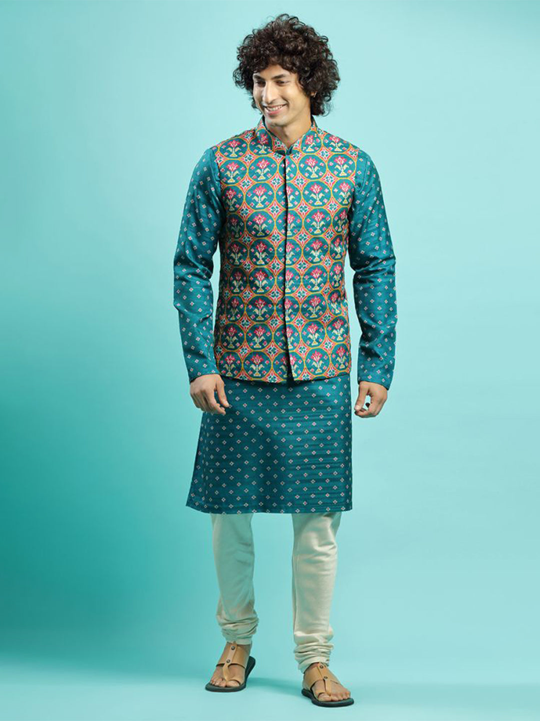 Rama Green Patola Kurta Bandi Jacket Set