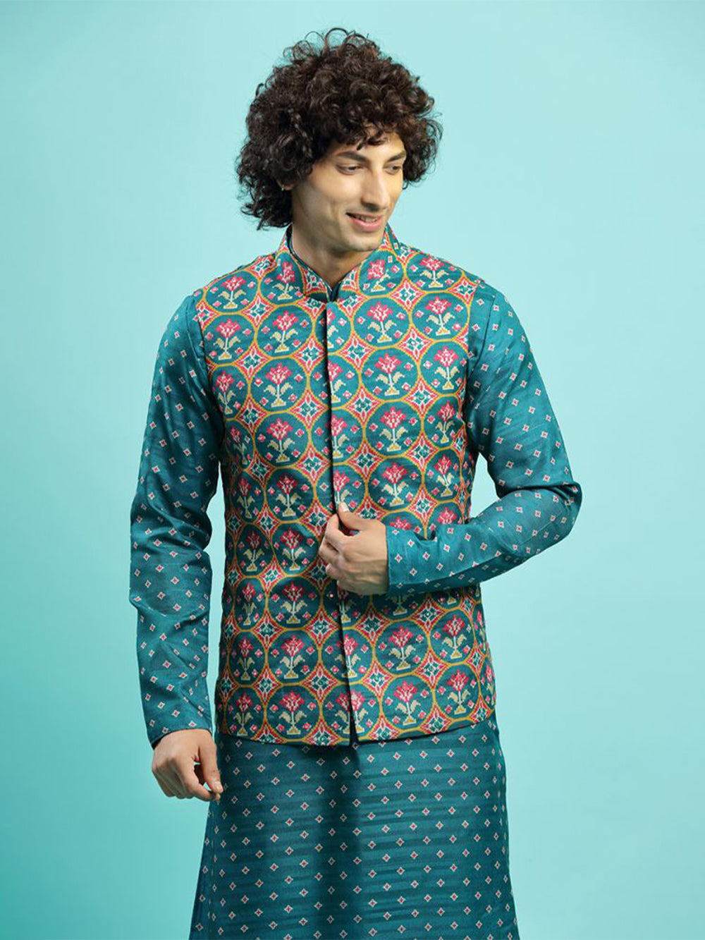 Rama Green Patola Kurta Bandi Jacket Set - KORANM