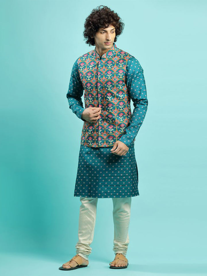 Rama Green Patola Kurta Bandi Jacket Set - KORANM