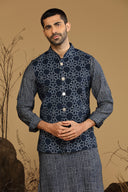 Ink Navy Printed Kurta With Bundi Set For Men