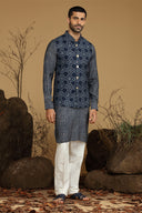 Ink Navy Printed Kurta With Bundi Set For Men