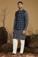 Ink Navy Printed Kurta With Bundi Set For Men