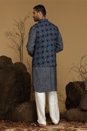 Ink Navy Printed Kurta With Bundi Set For Men