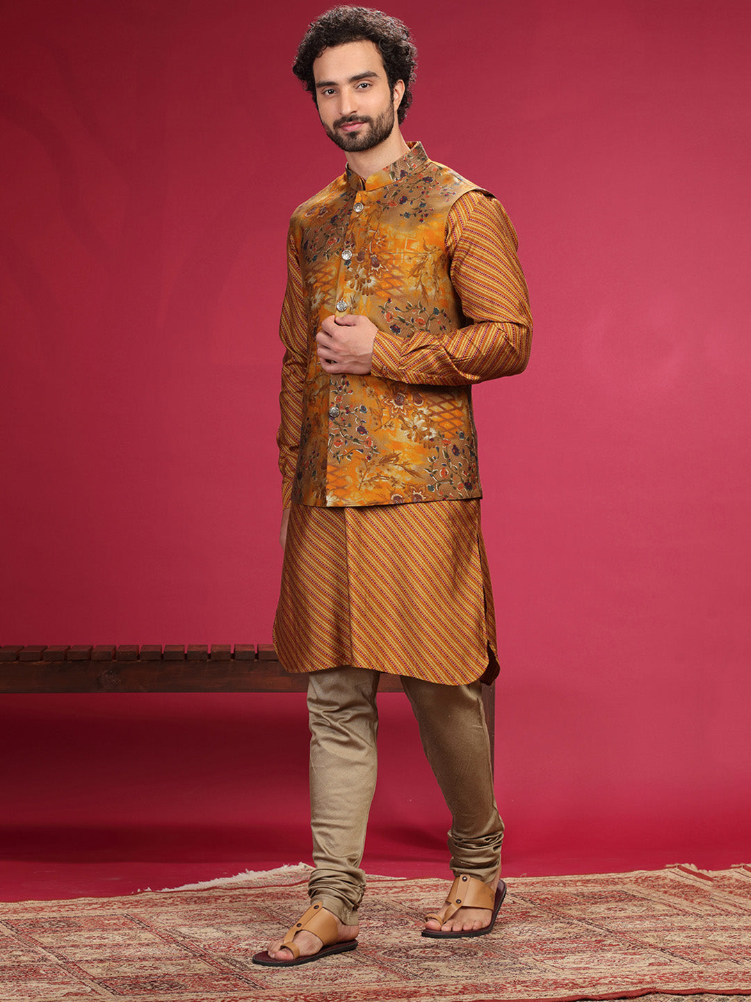 Mustard Kurta with Bundi and Chudidar