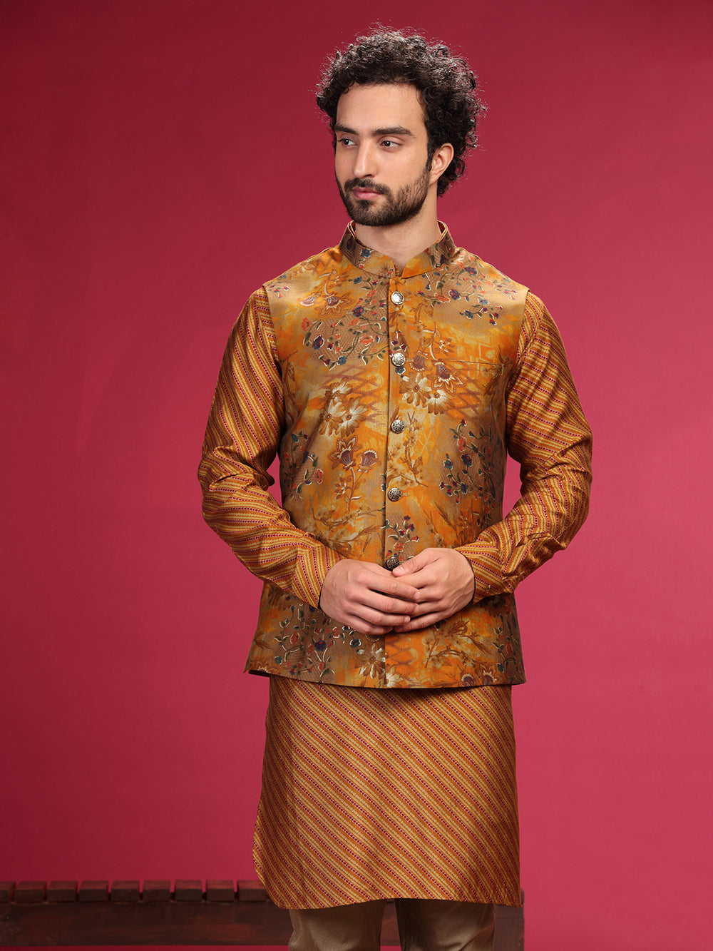 Mustard Kurta with Bundi and Chudidar. - KORANM
