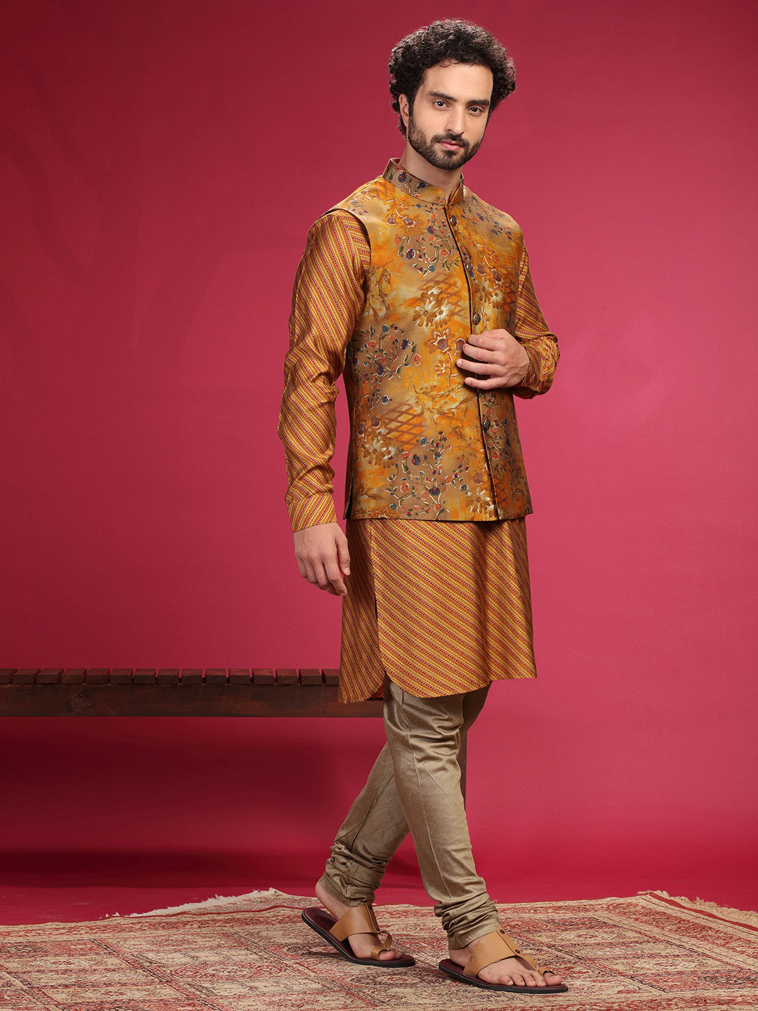 Mustard Kurta with Bundi and Chudidar. - KORANM