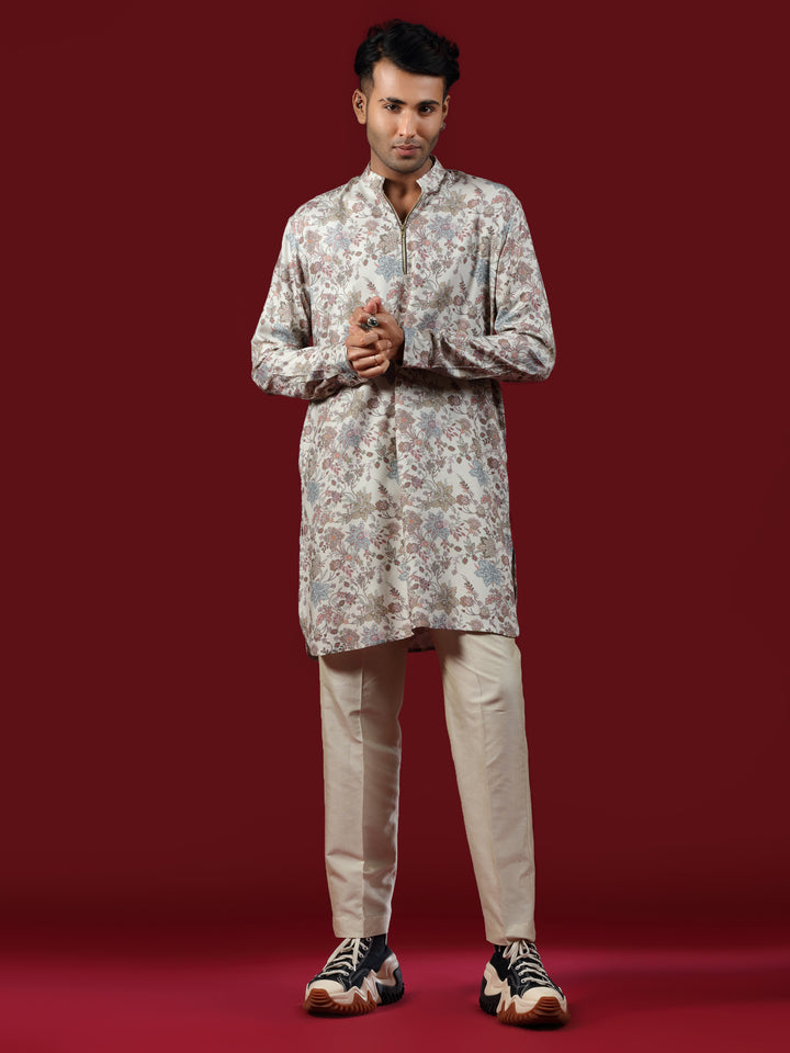Classic Beige Floral Print Blended Silk Short Kurta Set