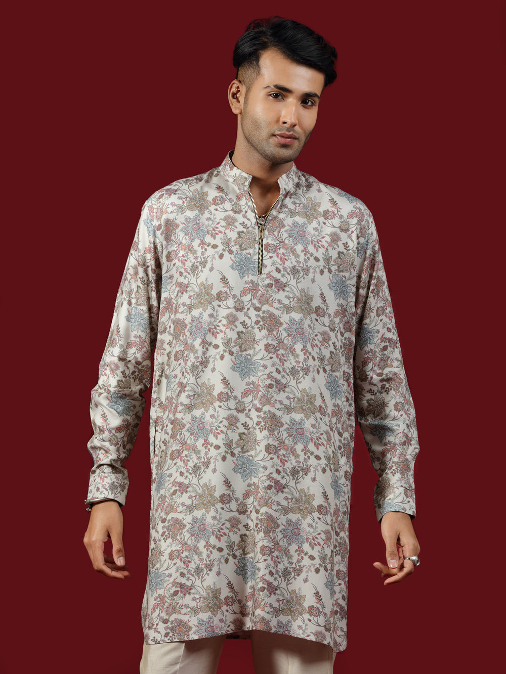Classic Beige Floral Print Blended Silk Short Kurta Set - KORANM