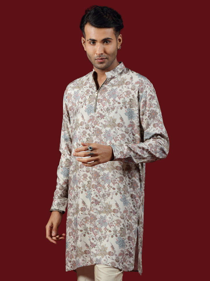 Classic Beige Floral Print Blended Silk Short Kurta Set - KORANM
