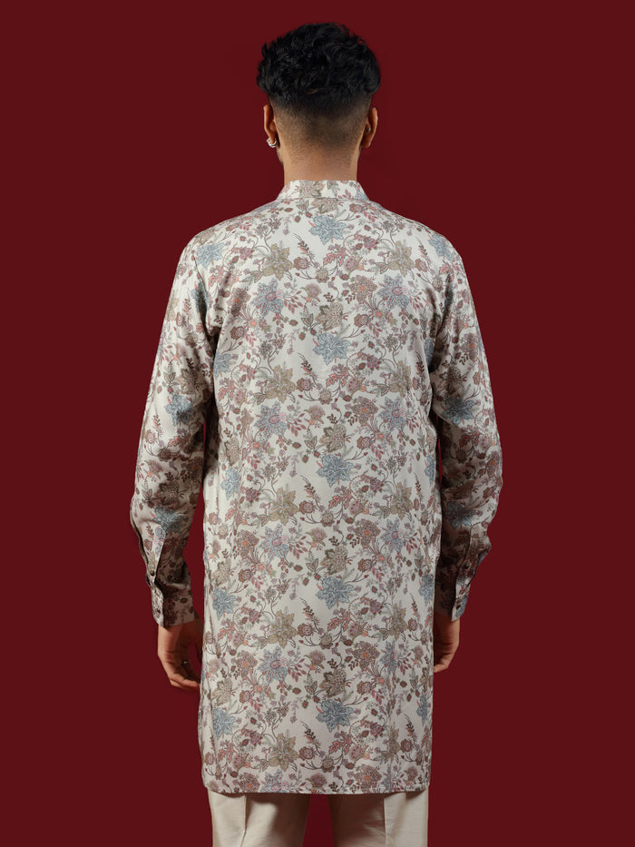 Classic Beige Floral Print Blended Silk Short Kurta Set - KORANM