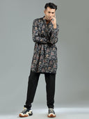Raven Black Floral Printed Blended Silk Short Kurta Set