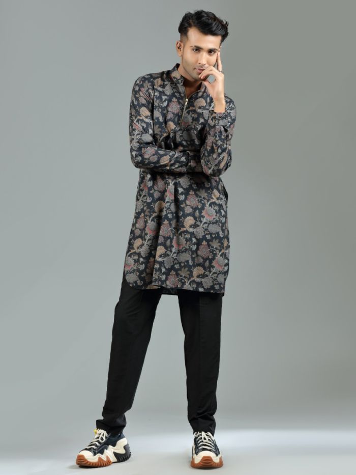 Raven Black Floral Printed Blended Silk Short Kurta Set