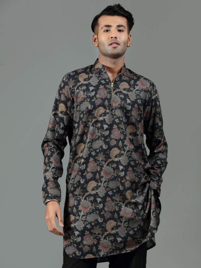 Raven Black Floral Printed Blended Silk Short Kurta Set - KORANM