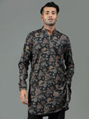 Raven Black Floral Printed Blended Silk Short Kurta Set - KORANM