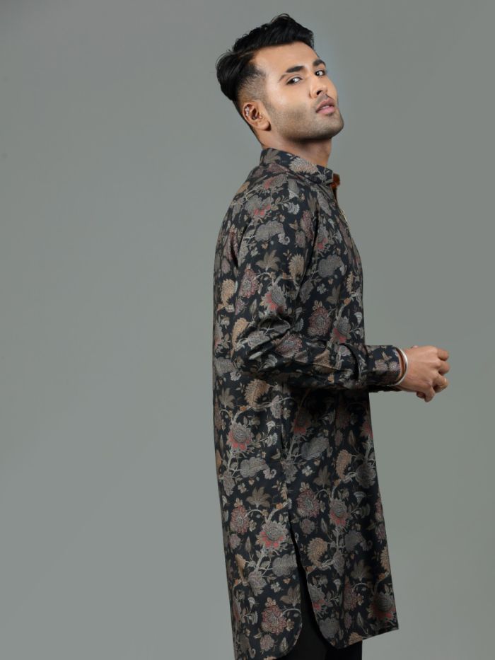 Raven Black Floral Printed Blended Silk Short Kurta Set - KORANM