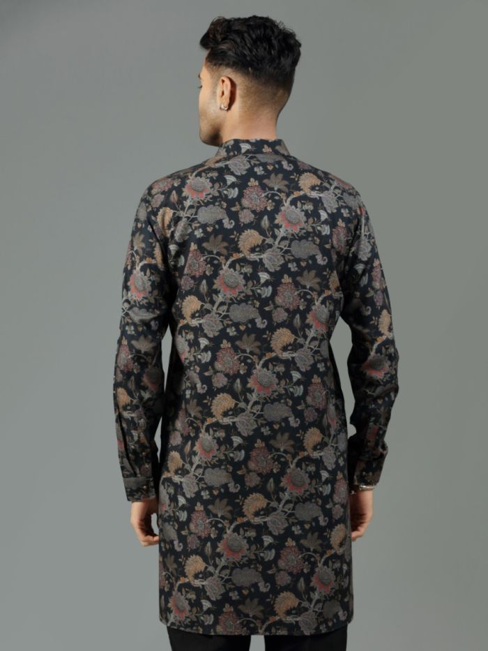 Raven Black Floral Printed Blended Silk Short Kurta Set - KORANM