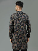 Raven Black Floral Printed Blended Silk Short Kurta Set - KORANM