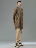 Dark Green Ethnic Print Blended Silk Kurta Set - KORANM