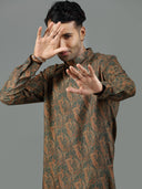 Dark Green Ethnic Print Blended Silk Kurta Set - KORANM