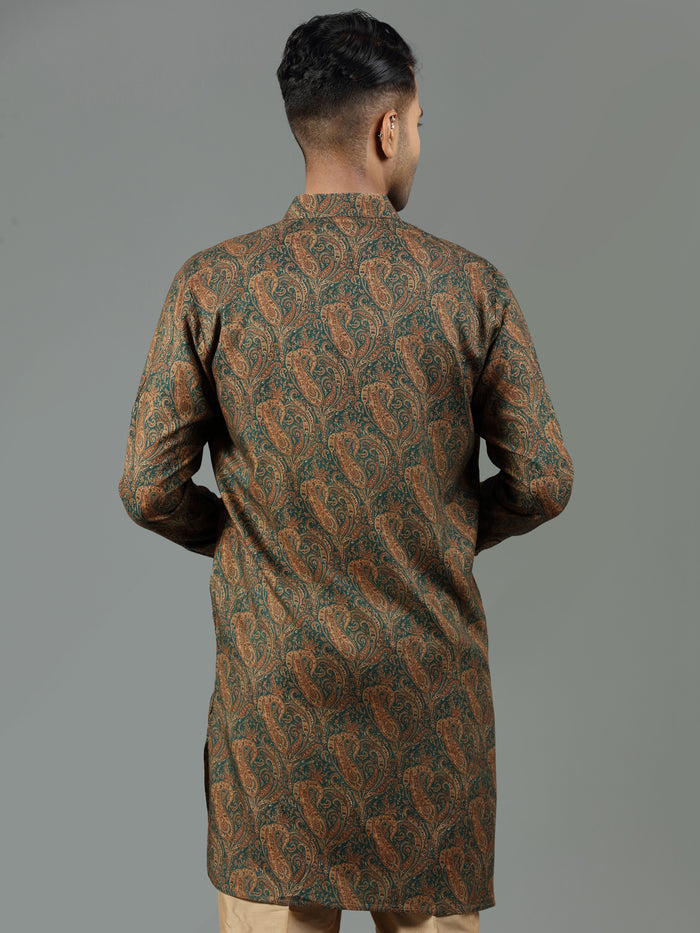 Dark Green Ethnic Print Blended Silk Kurta Set - KORANM