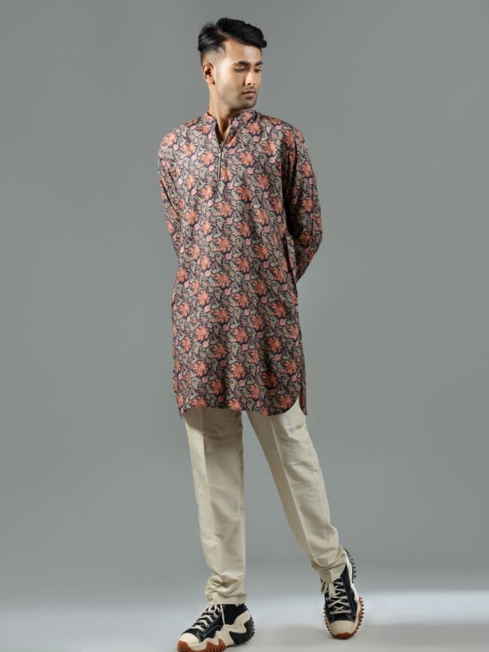 Navy Blue Floral Print Blended Silk Short Kurta Set