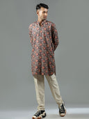 Navy Blue Floral Print Blended Silk Short Kurta Set