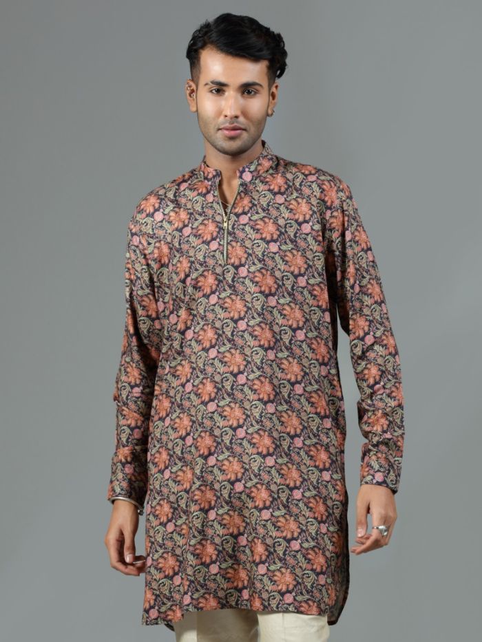 Navy Blue Floral Print Blended Silk Short Kurta Set - KORANM