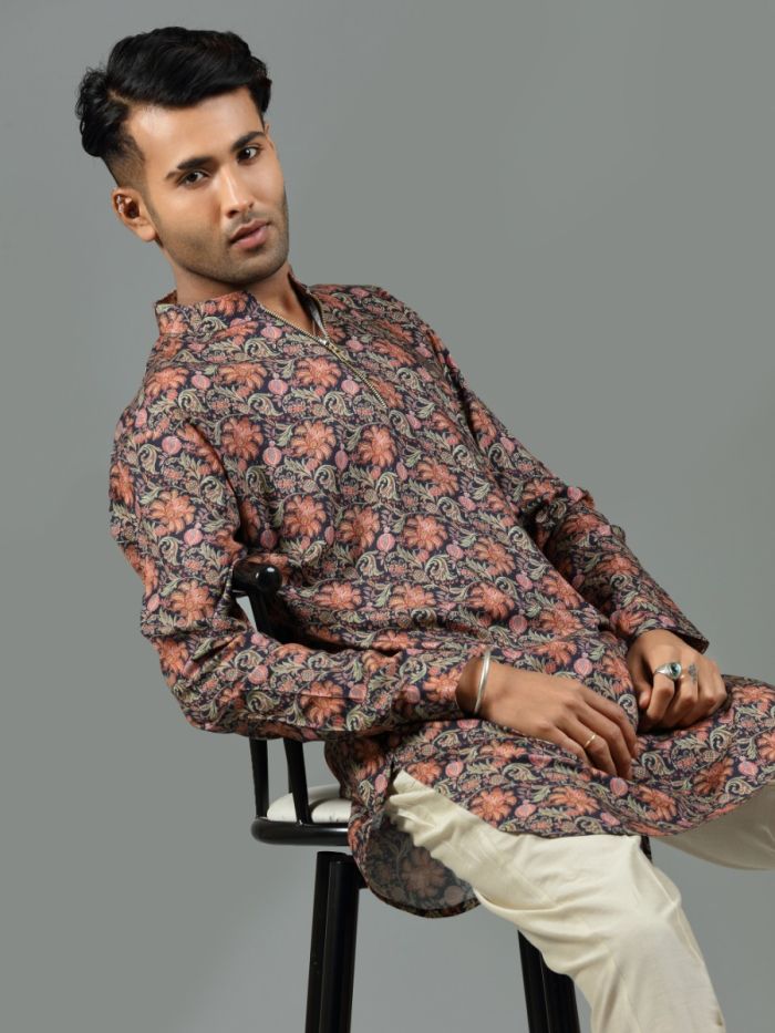 Navy Blue Floral Print Blended Silk Short Kurta Set - KORANM