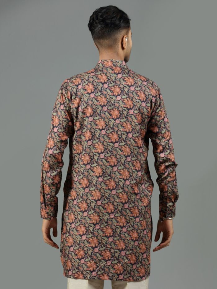 Navy Blue Floral Print Blended Silk Short Kurta Set - KORANM