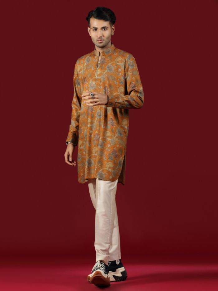 Mustard Yellow Floral Print Blended Silk Short Kurta Set