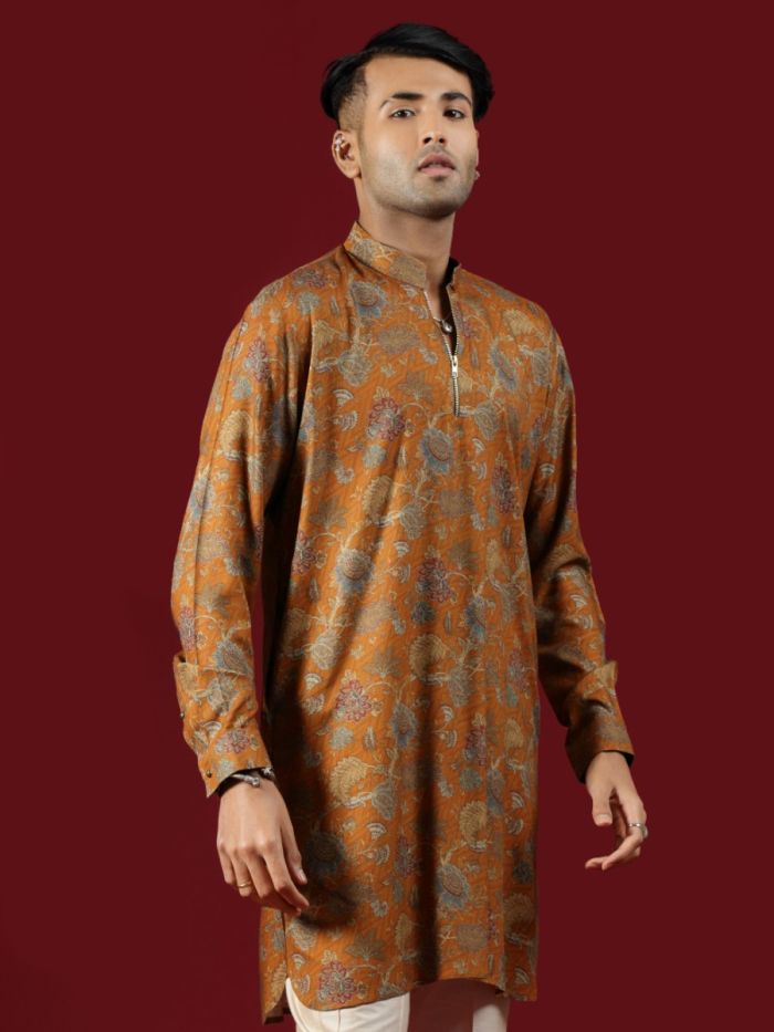 Mustard Yellow Floral Print Blended Silk Short Kurta Set - KORANM