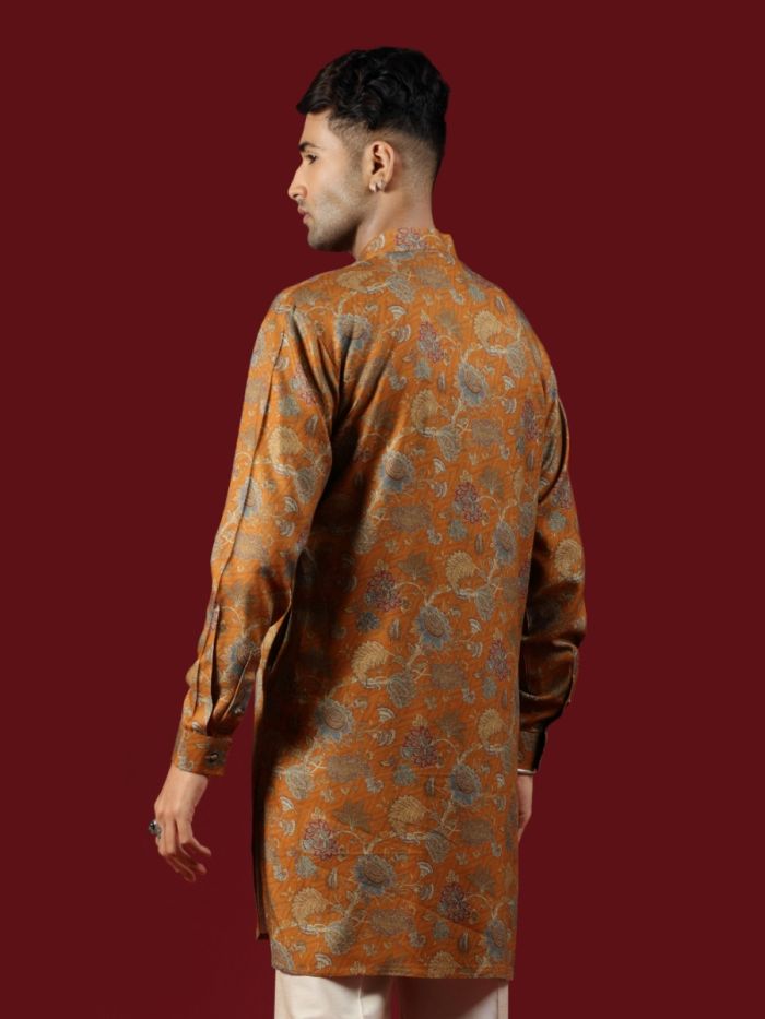 Mustard Yellow Floral Print Blended Silk Short Kurta Set - KORANM