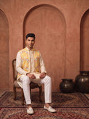 Yellow Silk Kurta, Multi-Tone Chevron & Embroidered Bandi Jacket & Cream Aligarhi for Men