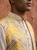 Yellow Silk Kurta, Multi-Tone Chevron & Embroidered Bandi Jacket & Cream Aligarhi for Men